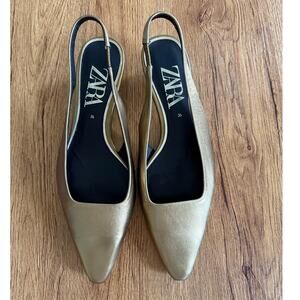 Zara Gold Metallic Leather Slingback Kitten Heels Size 36